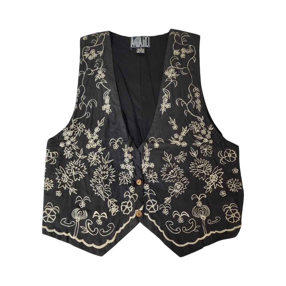 Vintage‎ Agapo Black Embroidered Floral Sun Boho Vest Scalloped Medium India